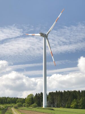 Modern windmill placed on meadow near forest on background of blue sky in countryside